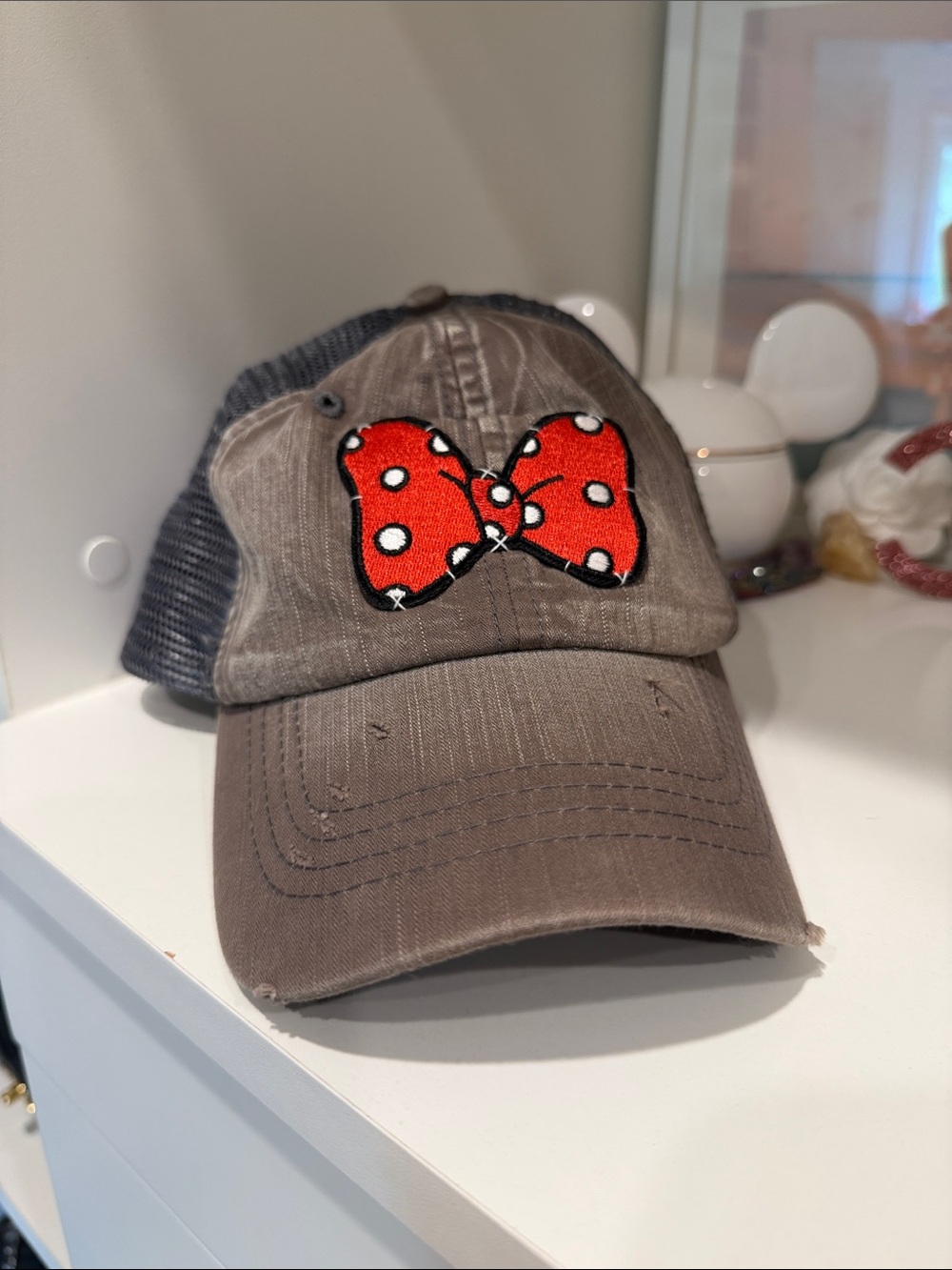 Stoney clover lane. Original Gray Trucker Hat with Red Polka Dot Bow Patch